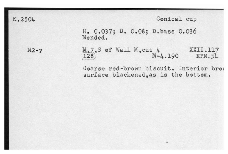 Index card with typed and handwritten information, sometimes including a sketch, of pottery from an excavation.