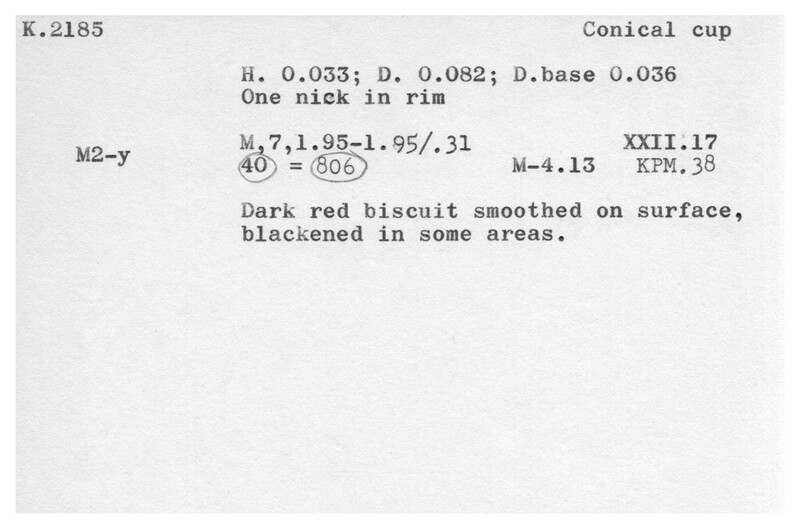 Index card with typed and handwritten information, sometimes including a sketch, of pottery from an excavation.