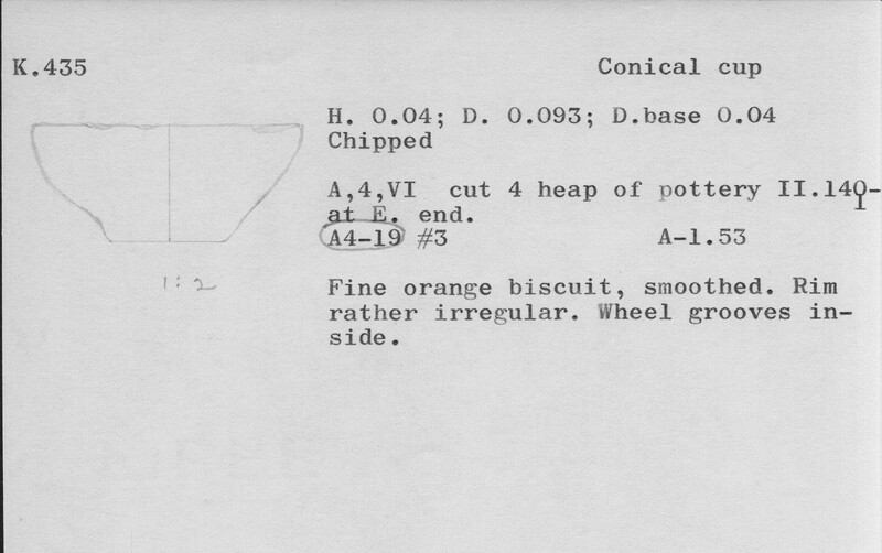 Index card with typed and handwritten information, sometimes including a sketch, of pottery from an excavation.