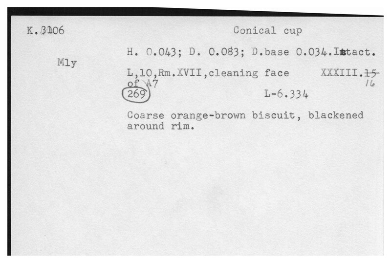 Index card with typed and handwritten information, sometimes including a sketch, of pottery from an excavation.