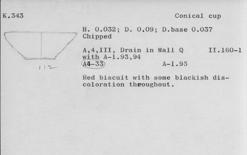 Index card with typed and handwritten information, sometimes including a sketch, of pottery from an excavation.