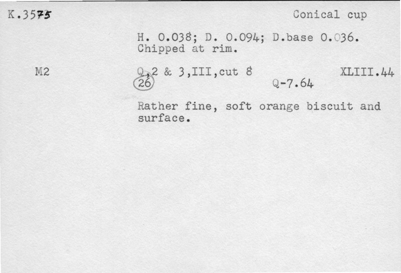 Index card with typed and handwritten information, sometimes including a sketch, of pottery from an excavation.