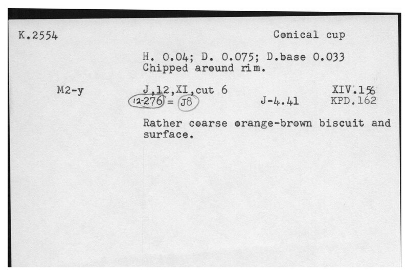 Index card with typed and handwritten information, sometimes including a sketch, of pottery from an excavation.