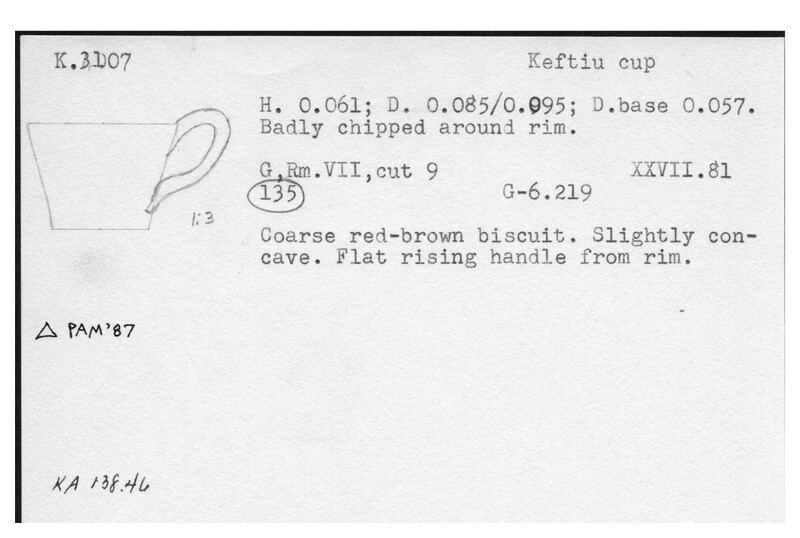 Index card with typed and handwritten information, sometimes including a sketch, of pottery from an excavation.