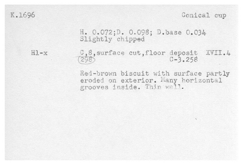 Index card with typed and handwritten information, sometimes including a sketch, of pottery from an excavation.