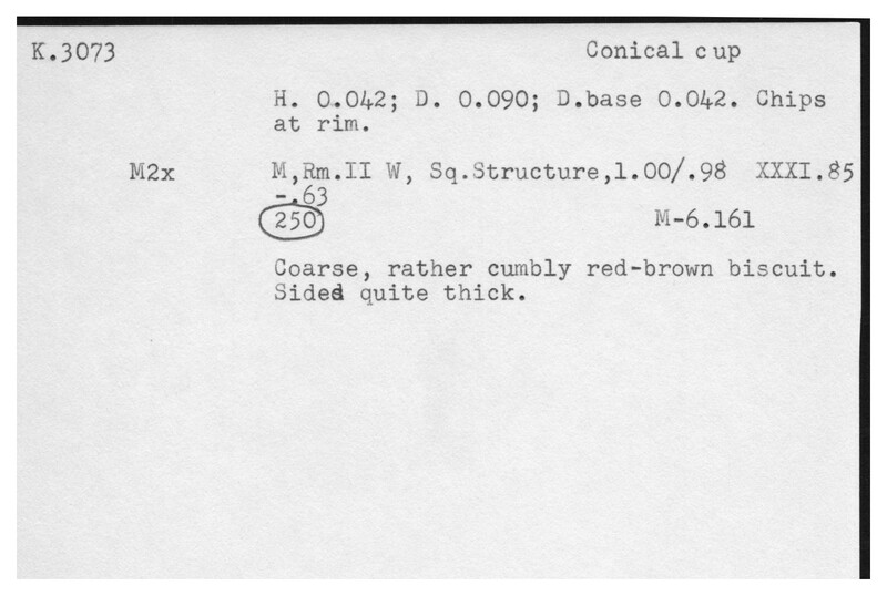 Index card with typed and handwritten information, sometimes including a sketch, of pottery from an excavation.