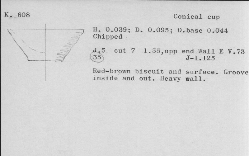 Index card with typed and handwritten information, sometimes including a sketch, of pottery from an excavation.