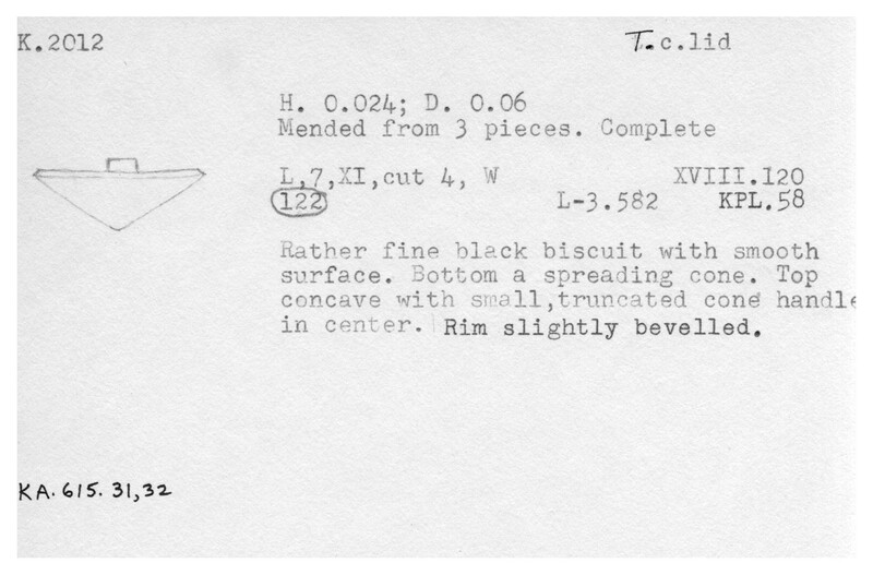Index card with typed and handwritten information, sometimes including a sketch, of pottery from an excavation.