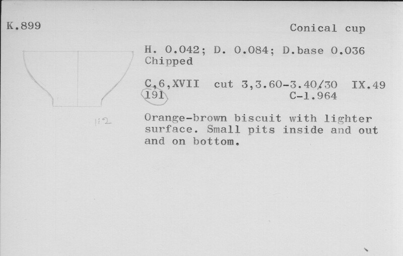 Index card with typed and handwritten information, sometimes including a sketch, of pottery from an excavation.