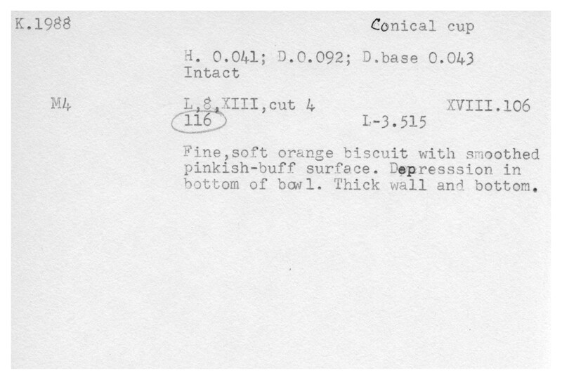 Index card with typed and handwritten information, sometimes including a sketch, of pottery from an excavation.