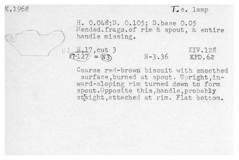 Index card with typed and handwritten information, sometimes including a sketch, of pottery from an excavation.