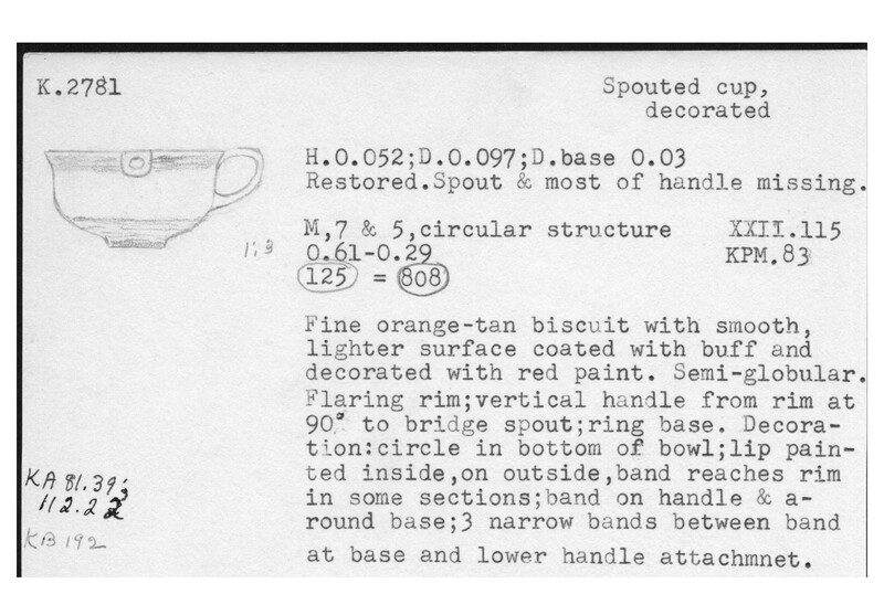 Index card with typed and handwritten information, sometimes including a sketch, of pottery from an excavation.