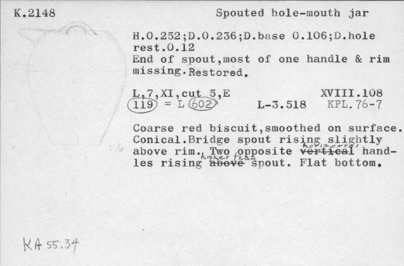Index card with typed and handwritten information, sometimes including a sketch, of pottery from an excavation.
