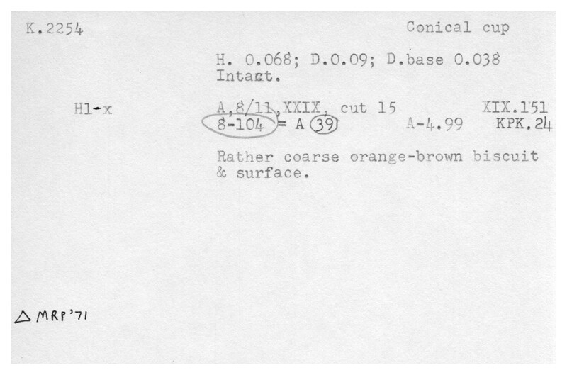Index card with typed and handwritten information, sometimes including a sketch, of pottery from an excavation.