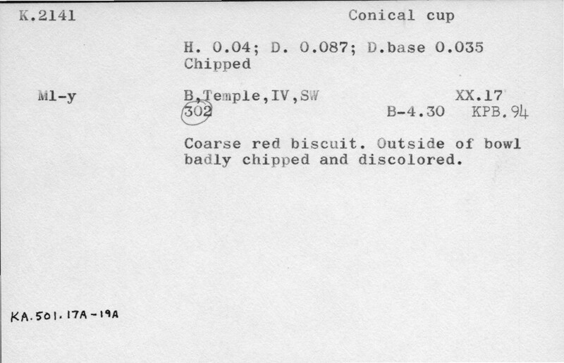 Index card with typed and handwritten information, sometimes including a sketch, of pottery from an excavation.