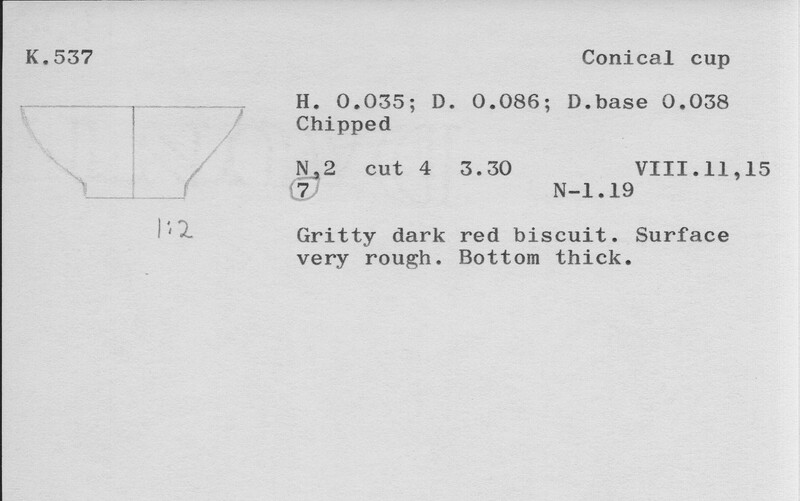 Index card with typed and handwritten information, sometimes including a sketch, of pottery from an excavation.