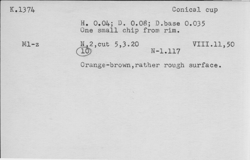 Index card with typed and handwritten information, sometimes including a sketch, of pottery from an excavation.
