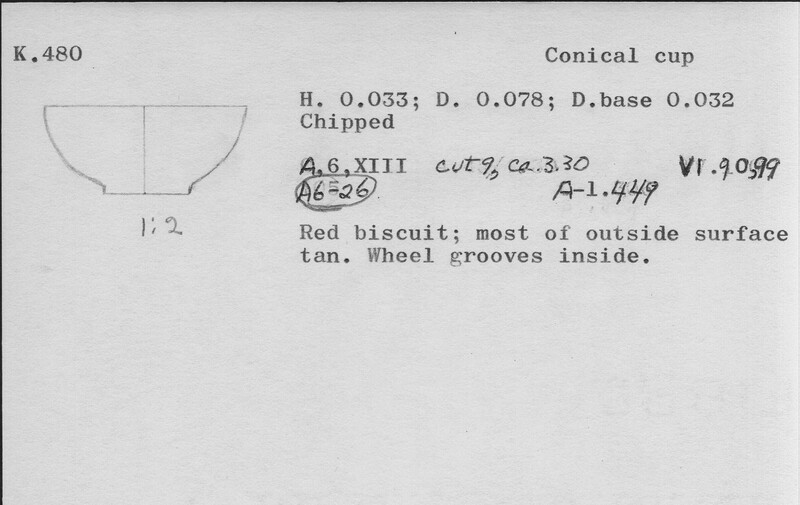 Index card with typed and handwritten information, sometimes including a sketch, of pottery from an excavation.