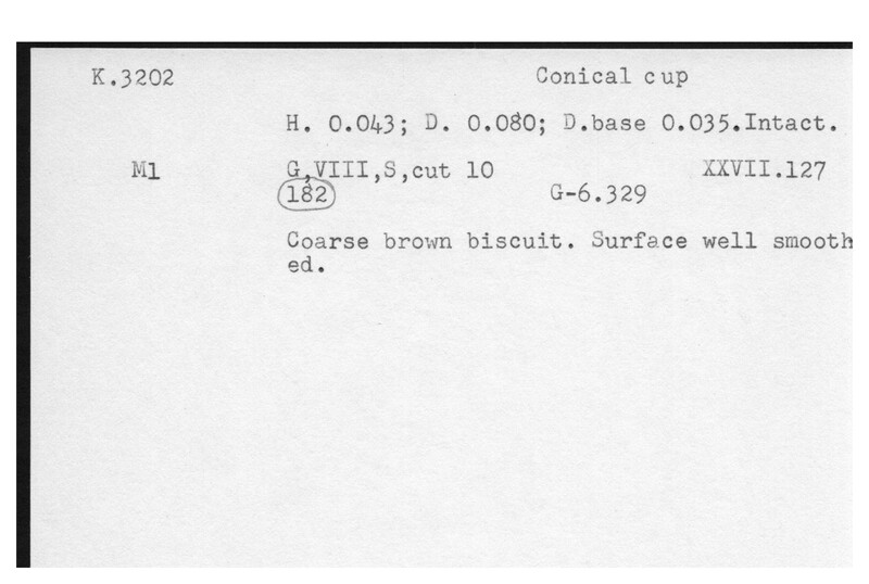 Index card with typed and handwritten information, sometimes including a sketch, of pottery from an excavation.