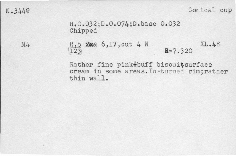 Index card with typed and handwritten information, sometimes including a sketch, of pottery from an excavation.