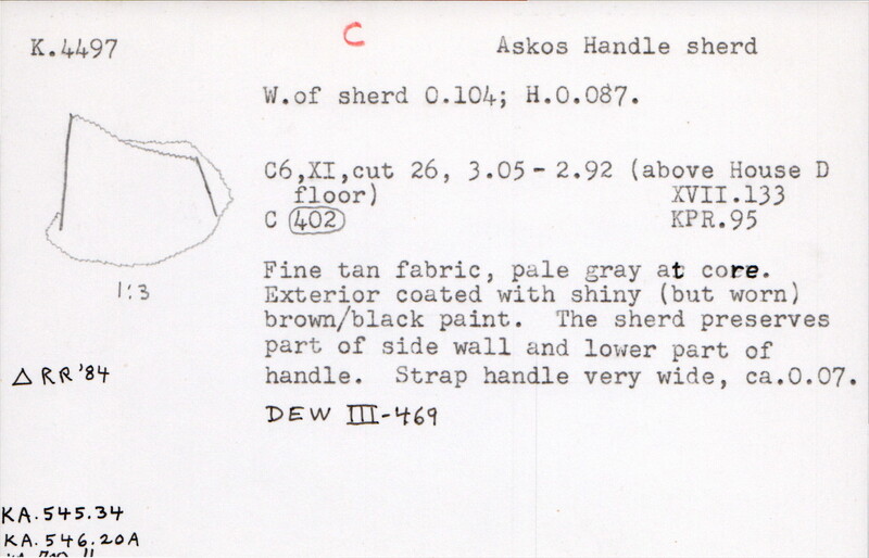 Index card with typed and handwritten information, sometimes including a sketch, of pottery from an excavation.