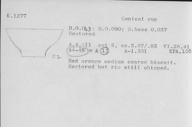 Index card with typed and handwritten information, sometimes including a sketch, of pottery from an excavation.