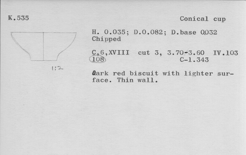 Index card with typed and handwritten information, sometimes including a sketch, of pottery from an excavation.