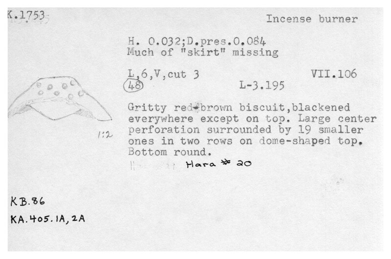 Index card with typed and handwritten information, sometimes including a sketch, of pottery from an excavation.