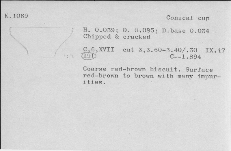 Index card with typed and handwritten information, sometimes including a sketch, of pottery from an excavation.