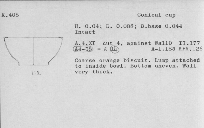 Index card with typed and handwritten information, sometimes including a sketch, of pottery from an excavation.