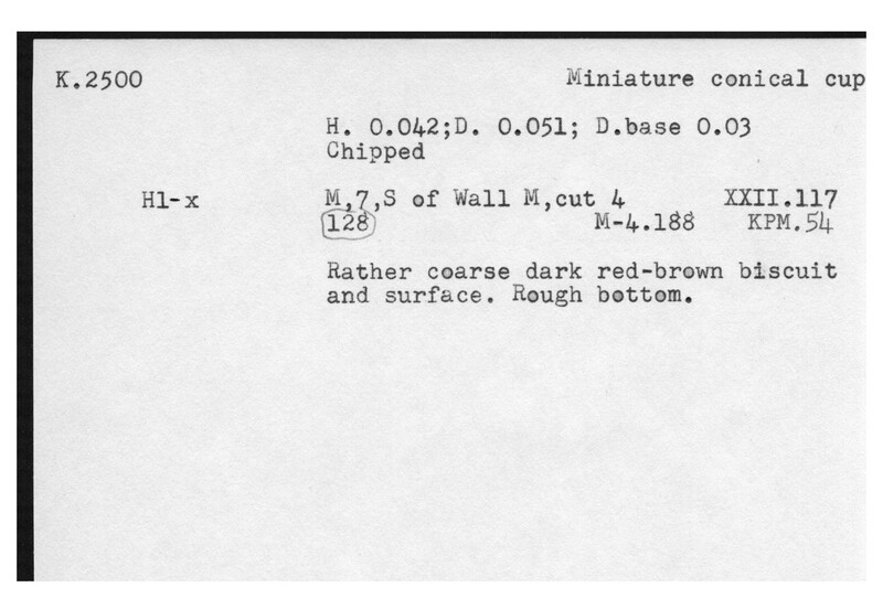 Index card with typed and handwritten information, sometimes including a sketch, of pottery from an excavation.