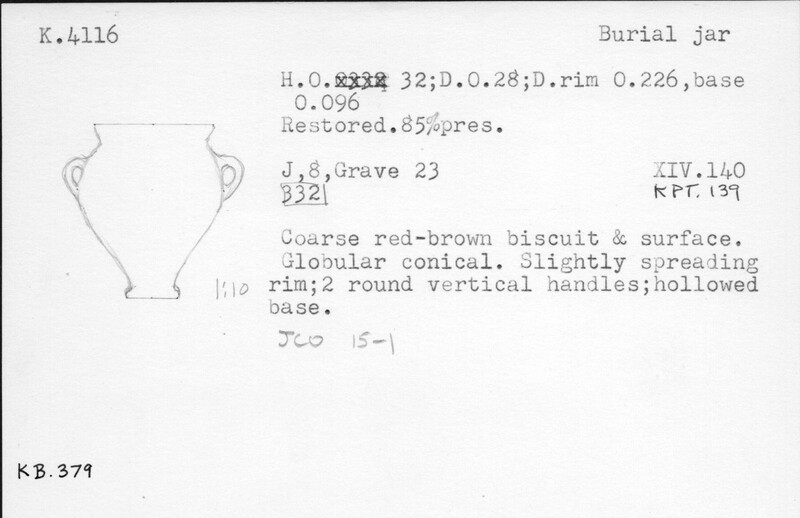 Index card with typed and handwritten information, sometimes including a sketch, of pottery from an excavation.