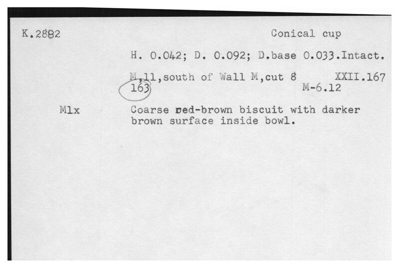 Index card with typed and handwritten information, sometimes including a sketch, of pottery from an excavation.