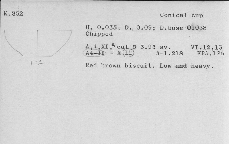 Index card with typed and handwritten information, sometimes including a sketch, of pottery from an excavation.