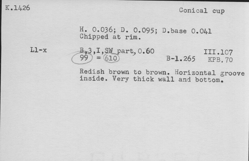 Index card with typed and handwritten information, sometimes including a sketch, of pottery from an excavation.