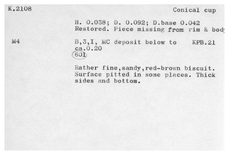 Index card with typed and handwritten information, sometimes including a sketch, of pottery from an excavation.