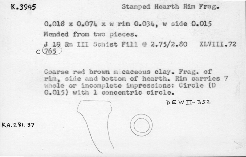 Index card with typed and handwritten information, sometimes including a sketch, of pottery from an excavation.