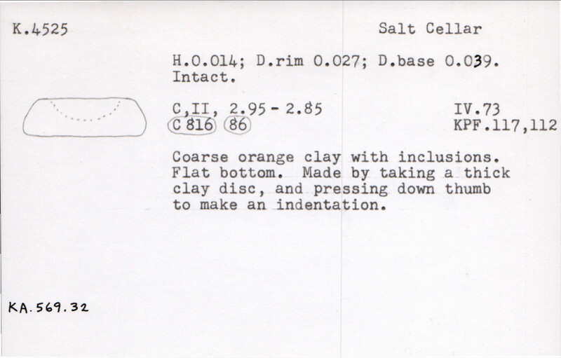 Index card with typed and handwritten information, sometimes including a sketch, of pottery from an excavation.