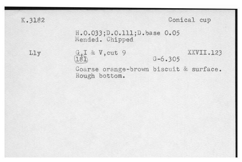 Index card with typed and handwritten information, sometimes including a sketch, of pottery from an excavation.