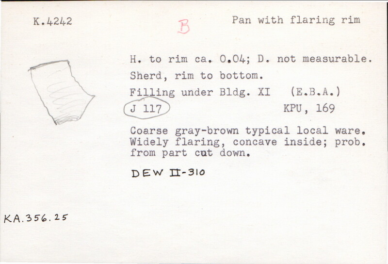 Index card with typed and handwritten information, sometimes including a sketch, of pottery from an excavation.