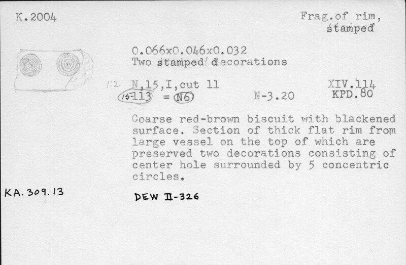 Index card with typed and handwritten information, sometimes including a sketch, of pottery from an excavation.