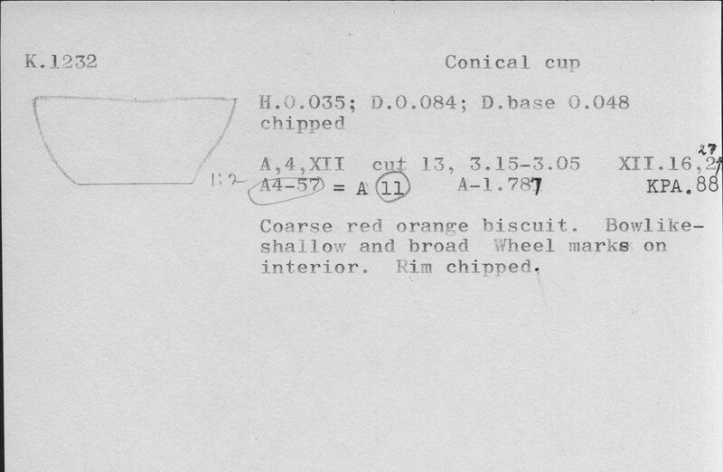 Index card with typed and handwritten information, sometimes including a sketch, of pottery from an excavation.