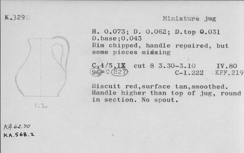 Index card with typed and handwritten information, sometimes including a sketch, of pottery from an excavation.