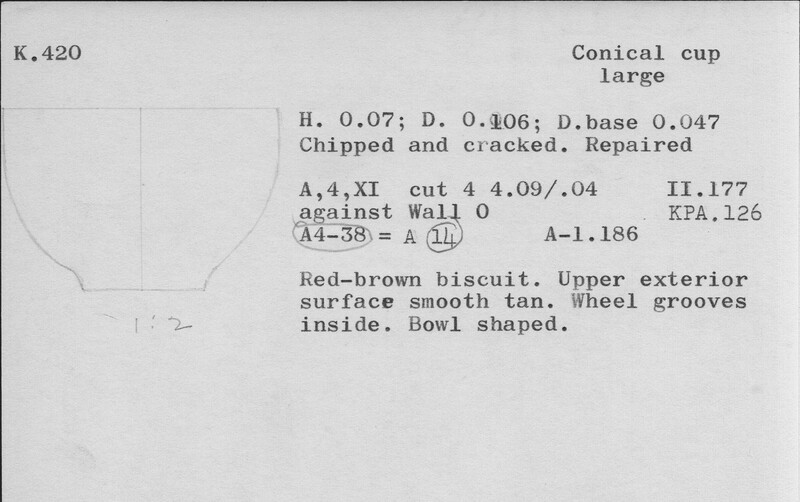Index card with typed and handwritten information, sometimes including a sketch, of pottery from an excavation.