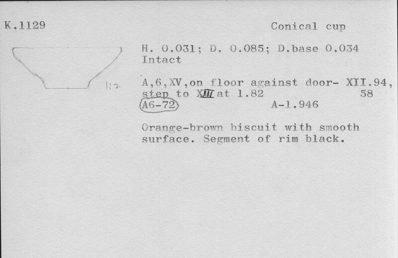 Index card with typed and handwritten information, sometimes including a sketch, of pottery from an excavation.