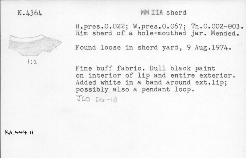Index card with typed and handwritten information, sometimes including a sketch, of pottery from an excavation.