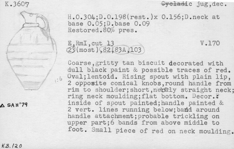 Index card with typed and handwritten information, sometimes including a sketch, of pottery from an excavation.
