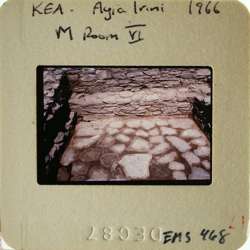 Ancient stone ruins captured on film, labeled with "KEA AYIA IRINI 1966" and "M ROOM VI" in handwriting.