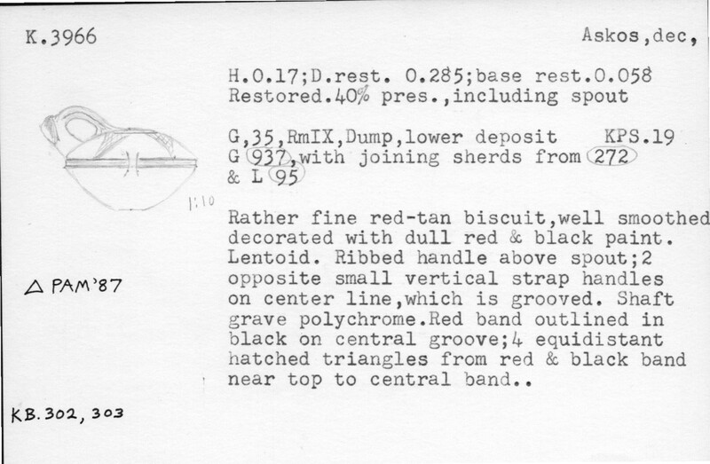 Index card with typed and handwritten information, sometimes including a sketch, of pottery from an excavation.