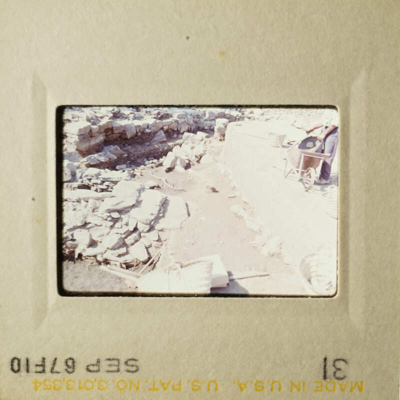 Two photos side by side showing a rocky landscape and a person working on a structure.